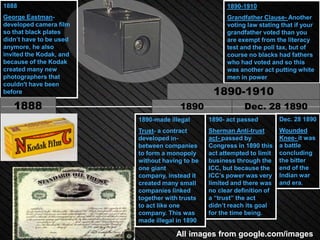 1888                                                  1890-1910
George Eastman-                                       Grandfather Clause- Another
developed camera film                                 voting law stating that if your
so that black plates                                  grandfather voted than you
didn’t have to be used                                are exempt from the literacy
anymore, he also                                      test and the poll tax, but of
invited the Kodak, and                                course no blacks had fathers
because of the Kodak                                  who had voted and so this
created many new                                      was another act putting white
photographers that                                    men in power
couldn't have been
before                                           1890-1910
   1888                               1890                  Dec. 28 1890
                         1890-made illegal      1890- act passed         Dec. 28 1890
                         Trust- a contract      Sherman Anti-trust       Wounded
                         developed in-          act- passed by           Knee- it was
                         between companies      Congress in 1890 this    a battle
                         to form a monopoly     act attempted to limit   concluding
                         without having to be   business through the     the bitter
                         one giant              ICC, but because the     end of the
                         company, instead it    ICC’s power was very     Indian war
                         created many small     limited and there was    and era.
                         companies linked       no clear definition of
                         together with trusts   a “trust” the act
                         to act like one        didn’t reach its goal
                         company. This was      for the time being.
                         made illegal in 1890

                                     All images from google.com/images
 