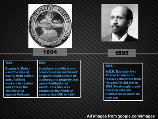1894                                      1895
1894                  1894
                                                           1895
Eugene V. Debs-       Socialism- a political and
used the idea of      economical system based              W.E.B. Dubious- first
having both skilled   on government control of             African American to
and unskilled         business and property and            receive a doctorate from
workers in a union    equal distribution of                Harvard. He did this in
and formed the        wealth. This idea was                1895. He strongly urged
150,000 ARU           solution in the minds of             blacks to educate
against Pullman       some of the ARU in 1894              themselves as much as
                                                           they can




                                                   All images from google.com/images
 
