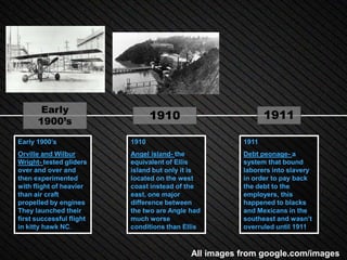 Early
      1900’s
                                 1910                         1911

Early 1900’s              1910                         1911
Orville and Wilbur        Angel island- the            Debt peonage- a
Wright- tested gliders    equivalent of Ellis          system that bound
over and over and         island but only it is        laborers into slavery
then experimented         located on the west          in order to pay back
with flight of heavier    coast instead of the         the debt to the
than air craft            east, one major              employers, this
propelled by engines      difference between           happened to blacks
They launched their       the two are Angle had        and Mexicans in the
first successful flight   much worse                   southeast and wasn’t
in kitty hawk NC.         conditions than Ellis        overruled until 1911



                                            All images from google.com/images
 