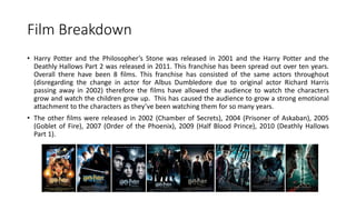 Film Breakdown
• Harry Potter and the Philosopher’s Stone was released in 2001 and the Harry Potter and the
Deathly Hallows Part 2 was released in 2011. This franchise has been spread out over ten years.
Overall there have been 8 films. This franchise has consisted of the same actors throughout
(disregarding the change in actor for Albus Dumbledore due to original actor Richard Harris
passing away in 2002) therefore the films have allowed the audience to watch the characters
grow and watch the children grow up. This has caused the audience to grow a strong emotional
attachment to the characters as they’ve been watching them for so many years.
• The other films were released in 2002 (Chamber of Secrets), 2004 (Prisoner of Askaban), 2005
(Goblet of Fire), 2007 (Order of the Phoenix), 2009 (Half Blood Prince), 2010 (Deathly Hallows
Part 1).
 