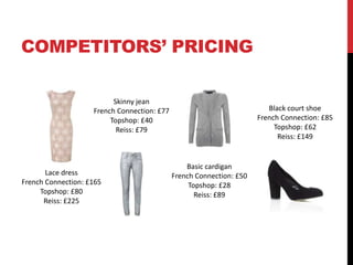 COMPETITORS’ PRICING

                          Skinny jean
                    French Connection: £77                               Black court shoe
                         Topshop: £40                                 French Connection: £85
                           Reiss: £79                                      Topshop: £62
                                                                            Reiss: £149


                                                 Basic cardigan
       Lace dress                            French Connection: £50
French Connection: £165                           Topshop: £28
     Topshop: £80                                   Reiss: £89
      Reiss: £225
 