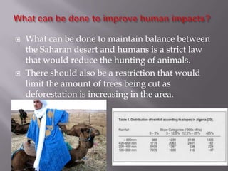    What can be done to maintain balance between
    the Saharan desert and humans is a strict law
    that would reduce the hunting of animals.
   There should also be a restriction that would
    limit the amount of trees being cut as
    deforestation is increasing in the area.
 
