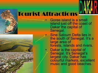 Tourist Attractions
        • Goree island is a small
          island just off the coast of
          Dakar the capital of
          Senegal.
        • Sine Saloum Delta lies in
          the south of Senegal. It’s a
          large area of
          forests, islands and rivers.
        • Dakar is the capital of
          Senegal. It’s Senegal’s
          largest city. Dakar has
          colourful markets, excellent
          music and good beaches.
 