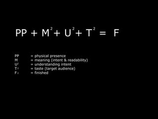 2            2           2
PP + M + U + T = F

PP   =   physical presence
M    =   meaning (intent & readability)
U2   =   understanding intent
T2   =   taste (target audience)
F2   =   finished
 