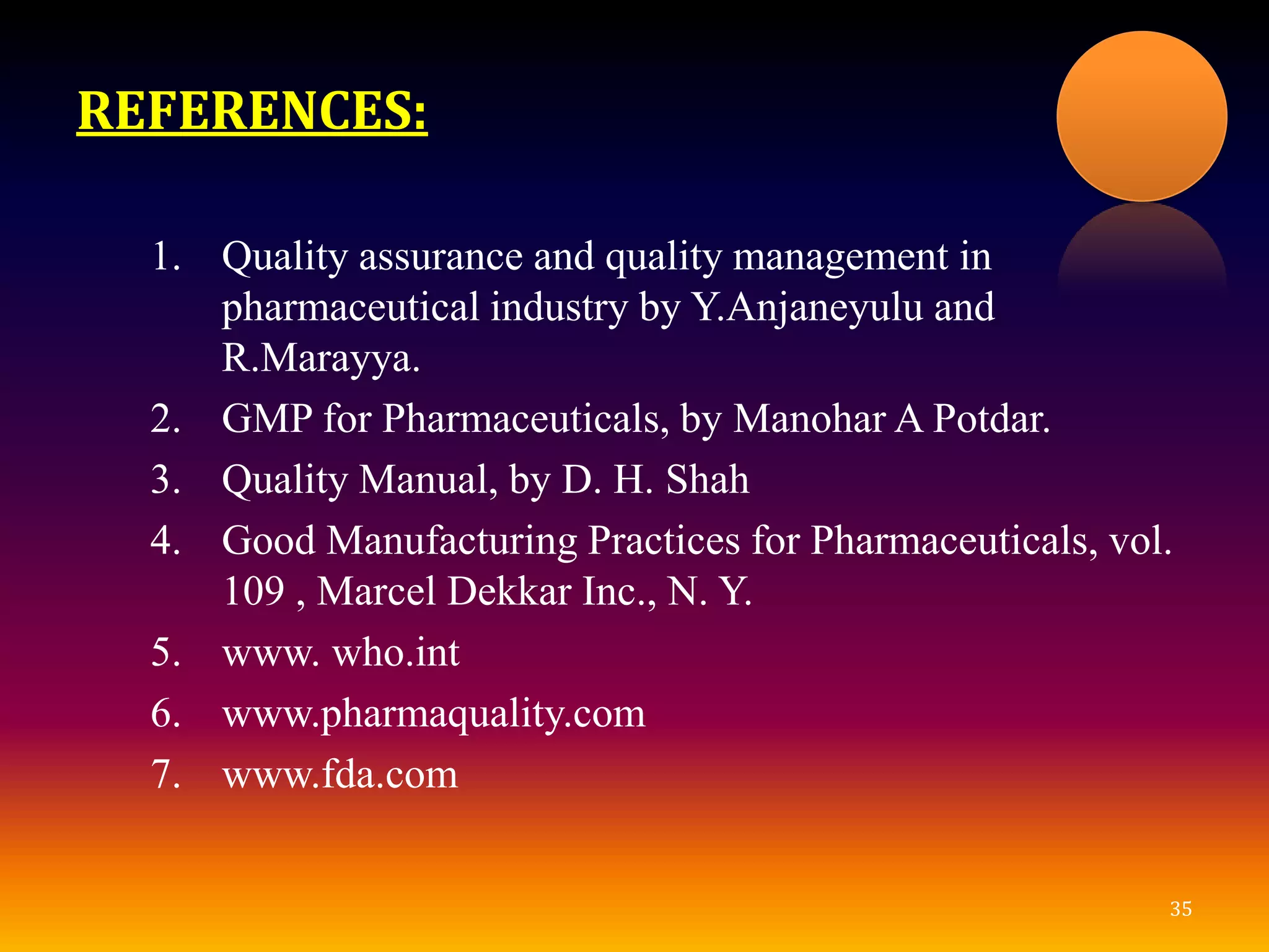 REFERENCES:
1. Quality assurance and quality management in
pharmaceutical industry by Y.Anjaneyulu and
R.Marayya.
2. GMP for Pharmaceuticals, by Manohar A Potdar.
3. Quality Manual, by D. H. Shah
4. Good Manufacturing Practices for Pharmaceuticals, vol.
109 , Marcel Dekkar Inc., N. Y.
5. www. who.int
6. www.pharmaquality.com
7. www.fda.com
35
 