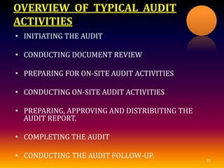 OVERVIEW OF TYPICAL AUDIT
ACTIVITIES
• INITIATING THE AUDIT
• CONDUCTING DOCUMENT REVIEW
• PREPARING FOR ON-SITE AUDIT ACTIVITIES
• CONDUCTING ON-SITE AUDIT ACTIVITIES
• PREPARING, APPROVING AND DISTRIBUTING THE
AUDIT REPORT.
• COMPLETING THE AUDIT
• CONDUCTING THE AUDIT FOLLOW-UP. 25
 