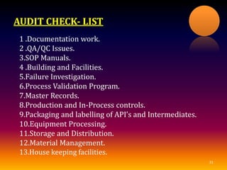 AUDIT CHECK- LIST
1 .Documentation work.
2 .QA/QC Issues.
3.SOP Manuals.
4 .Building and Facilities.
5.Failure Investigation.
6.Process Validation Program.
7.Master Records.
8.Production and In-Process controls.
9.Packaging and labelling of API’s and Intermediates.
10.Equipment Processing.
11.Storage and Distribution.
12.Material Management.
13.House keeping facilities.
31
 