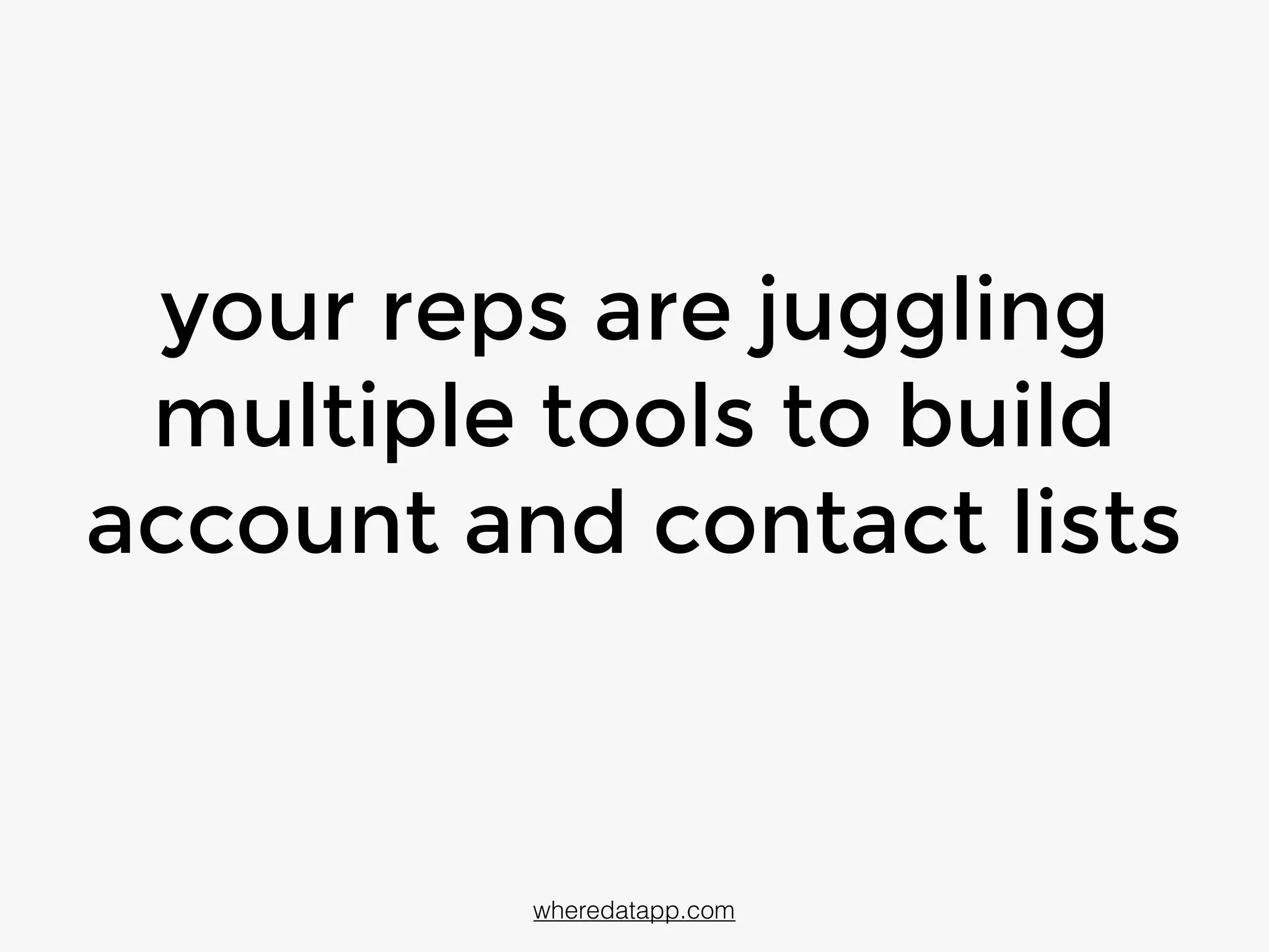 your reps are juggling
multiple tools to build
account and contact lists
wheredatapp.com
 