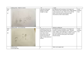 Editing notes – Match on action

B
Long shot of the band
playing in the MPR,
straight on angle.

‘I pay’
Mr Brightside will be playing in the background.
Music Practice room. Standard colour. Bright lighting
so that everyone is seen. Mise-en-scene will be
white t-shirt and dark coloured jeans, with
instruments so that it looks realistic.

Editing notes - Cut to next shot

B
Long shot of Lauren and
Guy B holding hands and
looking into each other’s
eyes, Guy A comes
around the corner and
pushes Guy B away in
anger. He then storms of
camera.

‘Destiny is calling me’
Mr Brightside will be playing in the background.
Frame
Location is outside somewhere quiet. Standard
duration
colour. Bright, natural lighting as it’s daytime. Lauren 5 sec
will be wearing the same clothes as before, when
she met up with the other guy B. Guy A will be
dressed casually.

Editing notes
Cut to next shot

B

‘Open up my eager eyes’

Shot
No.
27

Shot
No.
28

Frame
duration
4 sec

 