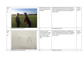 Shot
No.

Mid shot of Lauren and
Guy A arguing about her
cheating.

Mr Brightside will be playing in the background.
Indoor, secluded location as they act. The lighting
will be indoor lighting. They will be wearing the
casual clothes.

A

‘Gotta gotta be down’

Long shot of Lauren
storming away from guy
A, but he pulls her back
and then lets her go
again. Links in with the
lyrics.

Mr Brightside will be playing in the background.
Indoor, secluded location as they act. The lighting
will be indoor lighting. They will be wearing the
casual clothes.

A

‘Because I want it all’

39

Editing notes Cut to next shot
Shot
No.
40

Editing notes - Cut to next shot

Frame
duration
2 sec

Frame
duration
3 sec

 