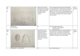 hot
No.

Wide shot of the band
playing their instruments,
the angle will be straight
and there will be no
movement in the
camera.

41

Editing notes
Cut to next shot
Shot
No.

The sound playing will be the song: Mr Brightside.
This shot will be set on a field, the same place guy A
was standing earlier. The shot will have no colour
effects on it. There will be no artificial lighting on the
shot because it is set outside and will be natural. The
band will be wearing their first costume change of
the suit and tie.

A

Lyric: It started out with a kiss
How did it end up like this?
It was only a kiss.
The sound playing will be the song: Mr Brightside.
This will be set in a quiet place somewhere like
outside a house. This will be in standard colour.
Lighting will be natural. Narrative costume will be
used here- red dress. Guy A- casual clothes.

Mid shot of Guy A in
foreground and girl in
background, Guy A
doesn’t look back and
walks away. Normal
Angle and no camera
movement. Girl mimes
the lyrics.

42

Editing notes - Cut to next shot

A

Lyric: It was only a kiss

Frame
duration
6

Frame
duration
2

 