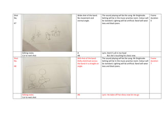 Shot
No.

Wide shot of the band.
No movement and
normal angle.

The sound playing will be the song: Mr Brightside.
Setting will be in the music practise room. Colour will
be standard. Lighting will be artificial. Band will wear
tees and black jeans.

A
AB
Mid shot of the band.
Dolly shot/track across
the band in a straight on
angle.

Lyric: And it’s all in my head
But she’s touching his chest now.
The sound playing will be the song: Mr Brightside.
Setting will be in the music practise room. Colour will
be standard. Lighting will be artificial. Band will wear
tees and black jeans.

AB

Lyric: He takes off her dress now let me go

47

Editing notes
Cut to next shot
Shot
No.
48

Editing notes
Cut to next shot

Frame
duration
6

Frame
duration
7

 