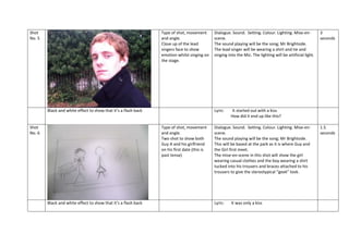 Shot
No. 5

Type of shot, movement
and angle.
Close up of the lead
singers face to show
emotion whilst singing on
the stage.

Black and white effect to show that it’s a flash back

Shot
No. 6

Lyric:

Type of shot, movement
and angle.
Two shot to show both
Guy A and his girlfriend
on his first date (this is
past tense)

Black and white effect to show that it’s a flash back

Dialogue. Sound. Setting. Colour. Lighting. Mise-enscene.
The sound playing will be the song; Mr Brightside.
The lead singer will be wearing a shirt and tie and
singing into the Mic. The lighting will be artificial light.

It started out with a kiss
How did it end up like this?

Dialogue. Sound. Setting. Colour. Lighting. Mise-enscene.
The sound playing will be the song; Mr Brightside.
This will be based at the park as it is where Guy and
the Girl first meet.
The mise-en-scene in this shot will show the girl
wearing casual clothes and the boy wearing a shirt
tucked into his trousers and braces attached to his
trousers to give the stereotypical “geek” look.

Lyric:

3
seconds

It was only a kiss

1.5
seconds

 