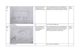 Shot
No.

Wide shot of band with
straight angle and no
movement from camera.

The sound playing will be the song: Mr Brightside.
Setting will be in the stage. Colour will be standard.
Lighting will be artificial. Band will wear suit and tie.

B

Lyric: Open up my eager eyes

Close Up of Guy A on
stage singing the lyrics.
Straight Angle no
movement.

The sound playing will be the song: Mr Brightside.
Setting will be in the stage. Colour will be standard.
Lighting will be artificial. Guy A will wear casual
clothes. Guy A will look into camera sing.

B

Lyric: Cause I’m Mr Brightside

Frame
duration
7

59

Editing notes
Cut to next shot
Shot
No.
60

Cut to next shot

Frame
duration
4

 