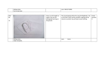 Editing notes
Cut to next shot

Shot
No.

Lyric: END OF SONG

Close up and straight on
angle as we see the
photograph burning on
the ground.

73

Editing notes
FADE TO BLACK.

The sound playing will be the song: Mr Brightside. Set
on the field. Colour will be standard. Lighting will be
natural as outside. Guy will wear casual clothing.

Lyric:

Outro

Frame
duration
4

 