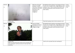 Shot No.

Mid shot of the band
playing in the MPR,
main focus is Matt with
perhaps the rest of the
band seen in the
background.
Straight on.

Editing notes
Cut to next shot.
Shot No.
12

Editing notes
Make sure that the two lines ‘And it’s all in my head / but
she’s touching his’ and the next shot of ‘chest now’ flow
seamlessly.

A

‘Now they’re going to bed / And my stomach is sick’

Close-up of Matt
pointing at his head to
signify the lyrics in a
straight on angle.

11

Mr Brightside will be playing in the background. Music
Practice room. Standard colour. Bright lighting so that
everyone is seen. Mise-en-scene will be white t-shirt
and dark coloured jeans, with instruments so that it
looks realistic.

Mr Brightside will be playing in the background. Music
Practice room. Standard colour. Bright lighting so that
everyone is seen. Mise-en-scene will be white t-shirt
and dark coloured jeans, with instruments so that it
looks realistic.

A

‘And it’s all in my head / but she’s touching his’

Frame
duration
5 sec

Frame
duration
4 sec

 