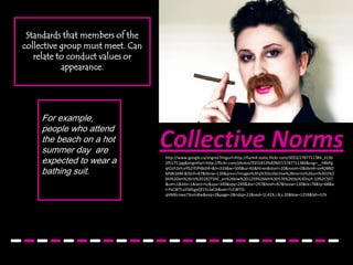 Standards that members of the collective group must meet. Can relate to conduct values or appearance.For example, people who attend the beach on a hot summer day  are expected to wear a bathing suit.Collective Normshttp://www.google.ca/imgres?imgurl=http://farm4.static.flickr.com/3053/2787711384_315b2f5175.jpg&imgrefurl=http://flickr.com/photos/9355453%40N07/2787711384&usg=__h8bPgqtOcFZeYurffL070Pdbi04=&h=333&w=500&sz=65&hl=en&start=20&zoom=0&tbnid=sn4O88OMSBI2AM:&tbnh=87&tbnw=130&prev=/images%3Fq%3Dcollective%2Bnorms%26um%3D1%26hl%3Den%26rlz%3D1R2TSHC_en%26biw%3D1259%26bih%3D576%26tbs%3Disch:10%2C507&um=1&itbs=1&iact=hc&vpx=349&vpy=249&dur=297&hovh=87&hovw=130&tx=78&ty=68&ei=YsCWTLzJOdGgnQf15LSaCA&oei=TcCWTO-qHMKcnwe73omiBw&esq=2&page=2&ndsp=22&ved=1t:429,r:8,s:20&biw=1259&bih=576-------------------------