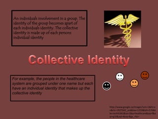 An individuals involvement in a group. The identity of the group becomes apart of each individuals identity. The collective identity is made up of each persons individual identityCollective IdentityFor example, the people in the healthcare system are grouped under one name but each have an individual identity that makes up the collective identityhttp://www.google.ca/images?um=1&hl=en&rlz=1R2TSHC_en&biw=1259&bih=576&tbs=isch%3A1&sa=1&q=healthcare&aq=f&aqi=g10&aql=&oq=&gs_rfai=