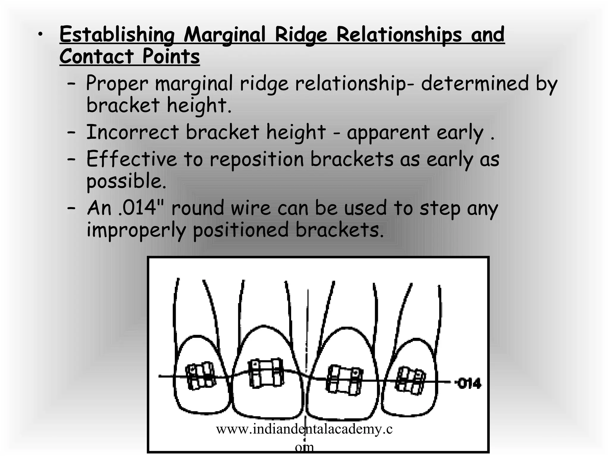 • Establishing Marginal Ridge Relationships and
Contact Points
– Proper marginal ridge relationship- determined by
bracket height.
– Incorrect bracket height - apparent early .
– Effective to reposition brackets as early as
possible.
– An .014" round wire can be used to step any
improperly positioned brackets.
www.indiandentalacademy.c
om
 