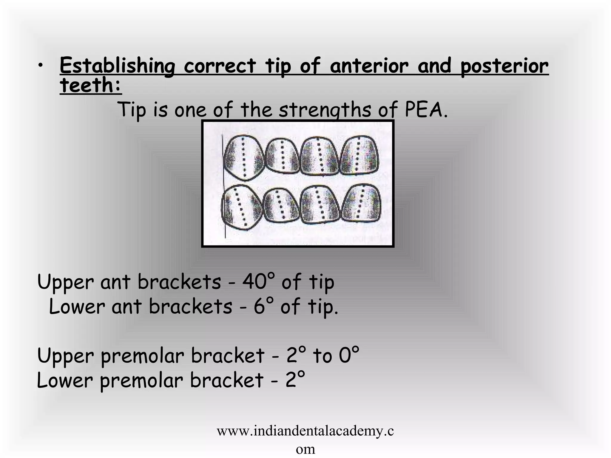 • Establishing correct tip of anterior and posterior
teeth:
Tip is one of the strengths of PEA.
Upper ant brackets - 40° of tip
Lower ant brackets - 6° of tip.
Upper premolar bracket - 2° to 0°
Lower premolar bracket - 2°
www.indiandentalacademy.c
om
 