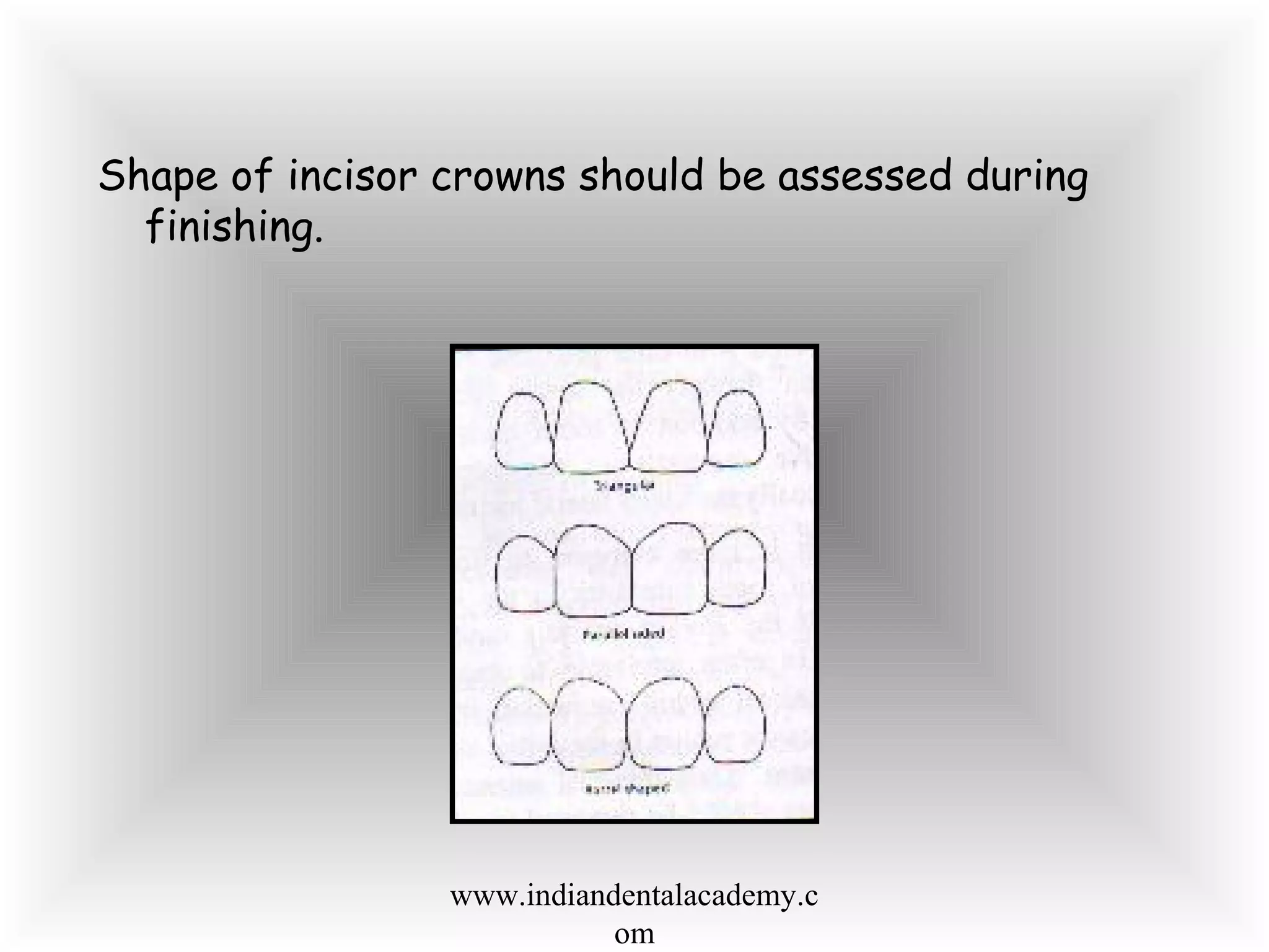 Shape of incisor crowns should be assessed during
finishing.
www.indiandentalacademy.c
om
 
