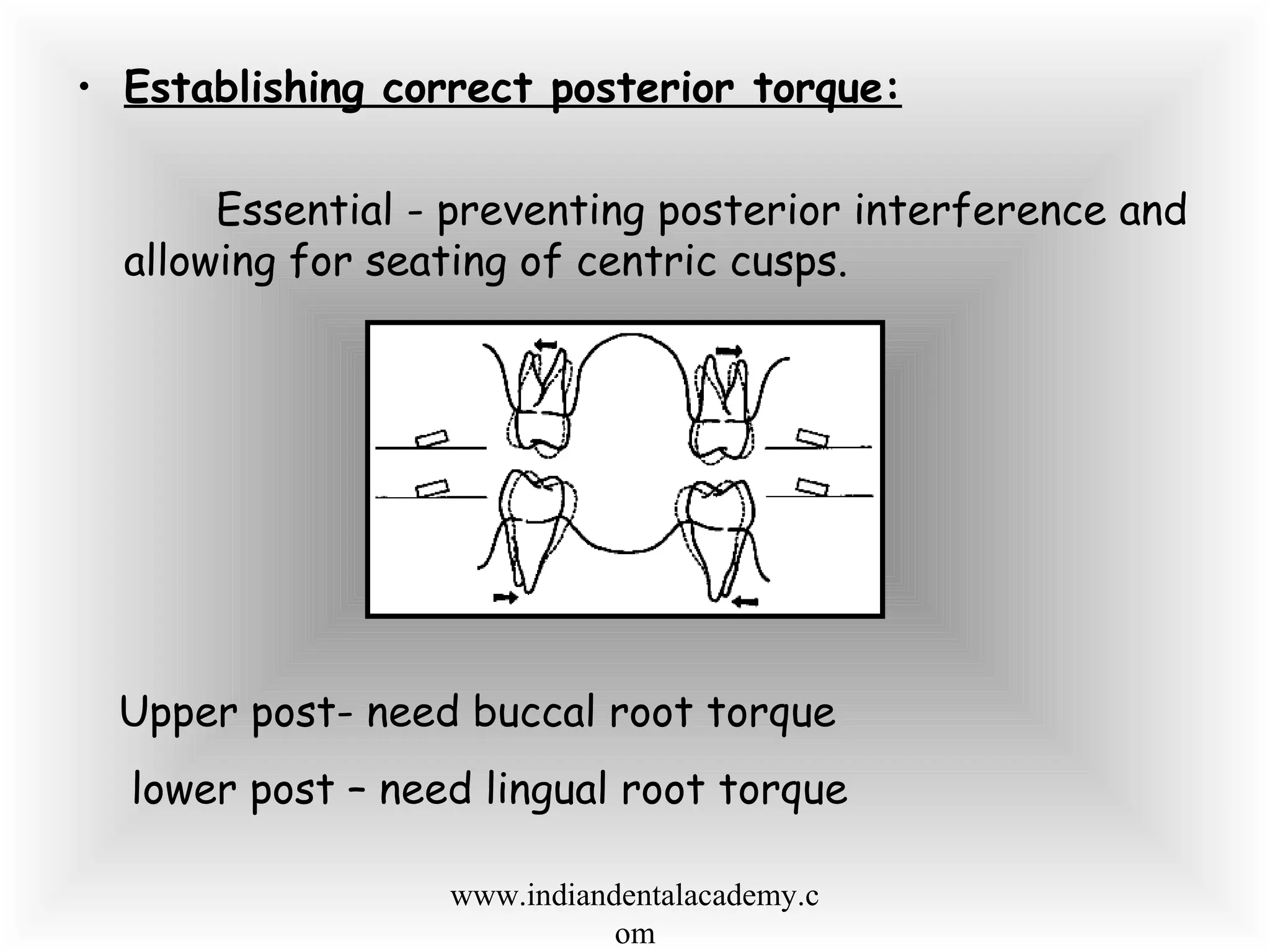 • Establishing correct posterior torque:
Essential - preventing posterior interference and
allowing for seating of centric cusps.
Upper post- need buccal root torque
lower post – need lingual root torque
www.indiandentalacademy.c
om
 