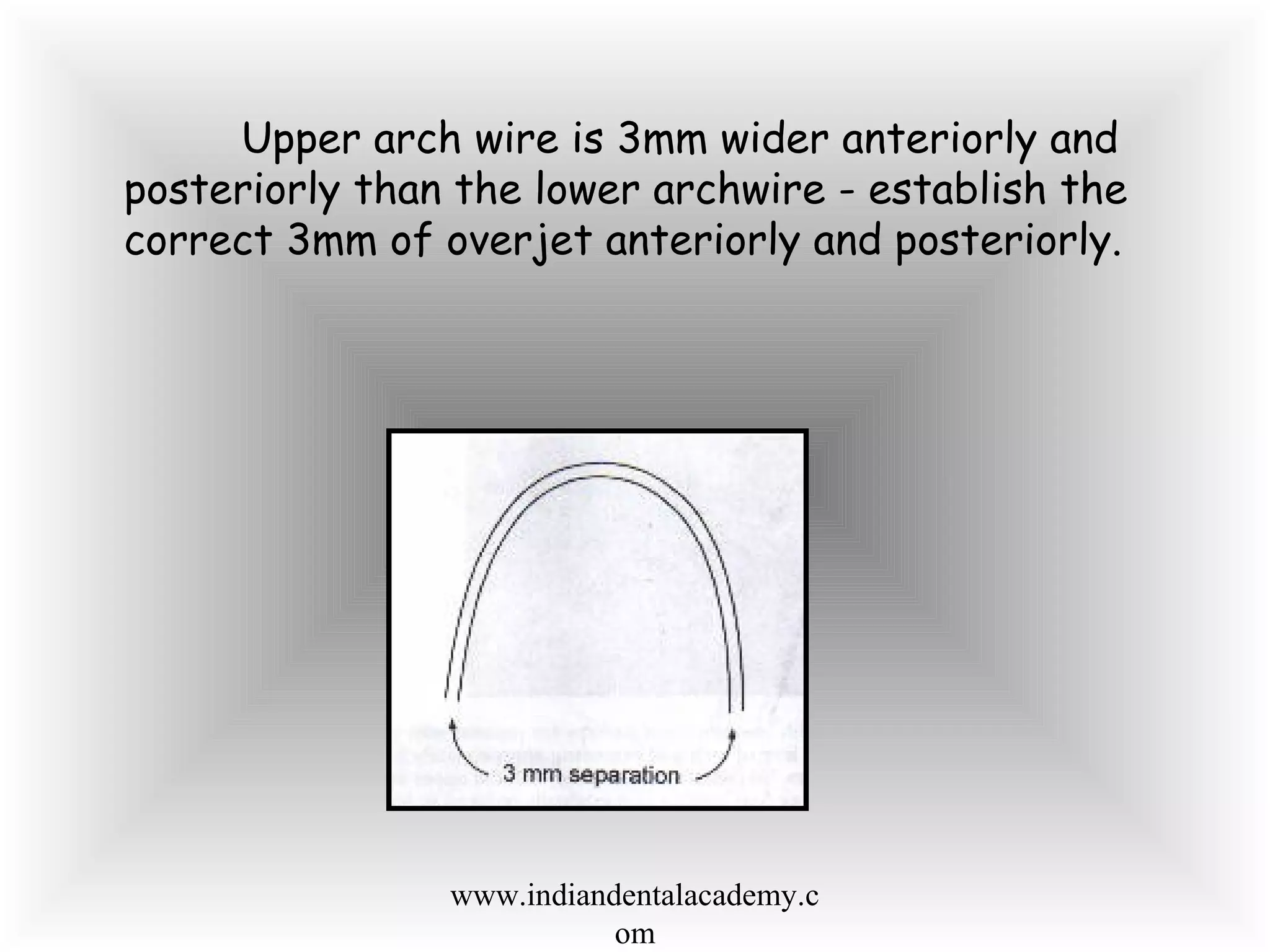 Upper arch wire is 3mm wider anteriorly and
posteriorly than the lower archwire - establish the
correct 3mm of overjet anteriorly and posteriorly.
www.indiandentalacademy.c
om
 