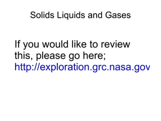 Solids Liquids and Gases


If you would like to review
this, please go here;
http://exploration.grc.nasa.gov/ed
 