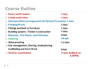 Course Outline
1
1 . D oors andW indows
2. Lintels andArches
1 class
1 class
3. Stairsand Other Arrangements forVertical Circulation 1 class
1 class
1 class
1 class
1class
1W eek
1 a class
4. Finishing W orks
5. Fittings and Built in Furniture
6. Building systems -Timber Construction
7. Balconies ,Fire Places and Chimneys
8. Field trip
9. Waterproofing
10.Site management, Shoring, Underpinning,
Scaffolding and Form W ork
11.Written examination
1class
9 J
une (8.00AM to
6.00PM)
 