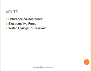 Copyright 2009 Hal Aronson
VOLTS
 Difference causes “force”
 Electromotive Force
 Water Analogy: “Pressure”
 
