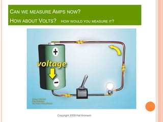 Copyright 2009 Hal Aronson
CAN WE MEASURE AMPS NOW?
HOW ABOUT VOLTS? HOW WOULD YOU MEASURE IT?
 
