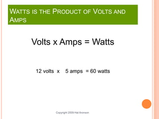 Copyright 2009 Hal Aronson
WATTS IS THE PRODUCT OF VOLTS AND
AMPS
Volts x Amps = Watts
12 volts x 5 amps = 60 watts
 