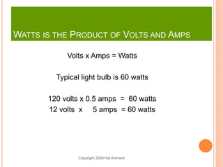 Copyright 2009 Hal Aronson
WATTS IS THE PRODUCT OF VOLTS AND AMPS
Volts x Amps = Watts
Typical light bulb is 60 watts
120 volts x 0.5 amps = 60 watts
12 volts x 5 amps = 60 watts
 