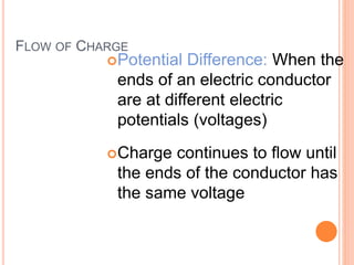 FLOW OF CHARGE
Potential Difference: When the
ends of an electric conductor
are at different electric
potentials (voltages)
Charge continues to flow until
the ends of the conductor has
the same voltage
 