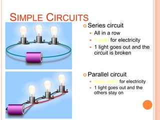 SIMPLE CIRCUITS
 Series circuit
 All in a row
 1 path for electricity
 1 light goes out and the
circuit is broken
 Parallel circuit
 Many paths for electricity
 1 light goes out and the
others stay on
 