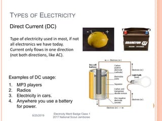 8/25/2019
Electricity Merit Badge Class 1
2017 National Scout Jamboree
TYPES OF ELECTRICITY
Direct Current (DC)
Type of electricity used in most, if not
all electronics we have today.
Current only flows in one direction
(not both directions, like AC).
Examples of DC usage:
1. MP3 players
2. Radios
3. Electricity in cars.
4. Anywhere you use a battery
for power.
 