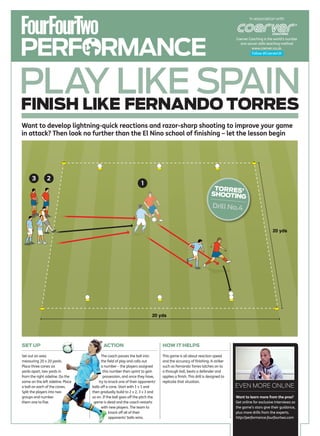 In association with




PERFORMANCE
                                                                                                                             Coerver Coaching is the world’s number
                                                                                                                               one soccer skills teaching method
                                                                                                                                       www.coerver.co.uk.
                                                                                                                                       Follow @CoerverUK




PLAY LIKE SPAIN
FINISH LIKE FERNANDO TORRES
Want to develop lightning-quick reactions and razor-sharp shooting to improve your game
in attack? Then look no further than the El Nino school of ﬁnishing – let the lesson begin




      3         2
                                                                  1
                                                                                                                 TORRES’
                                                                                                                SHOOTING
                                                                                                                 Drill No.4


                                                                                                                                                    20 yds




                                                                         20 yds




SET UP                                    ACTION                               HOW IT HELPS

Set out an area                           The coach passes the ball into       This game is all about reaction speed
measuring 20 x 20 yards.                  the field of play and calls out      and the accuracy of finishing. A striker
Place three cones six                     a number – the players assigned      such as Fernando Torres latches on to
yards apart, two yards in                  this number then sprint to gain     a through ball, beats a defender and
from the right sideline. Do the            possession, and once they have,     applies a finish. This drill is designed to
same on the left sideline. Place        try to knock one of their opponents’   replicate that situation.
a ball on each of the cones.       balls off a cone. Start with 1 v 1 and                                                    EVEN MORE ONLINE
Split the players into two         then gradually build to 2 v 2, 3 v 3 and
groups and number                  so on. If the ball goes off the pitch the                                                 Want to learn more from the pros?
them one to five.                   game is dead and the coach restarts                                                      Get online for exclusive interviews as
                                          with new players. The team to                                                      the game’s stars give their guidance,
                                               knock off all of their                                                        plus more drills from the experts.
                                               opponents’ balls wins.                                                        http://performance.fourfourtwo.com
 