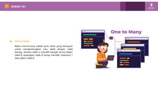 PM 101
RDBMS 101
● One-to-many
Relasi one-to-many adalah jenis relasi yang bertujuan
untuk menghubungkan satu tabel dengan tabel
lainnya, dimana table A memiliki banyak record dalam
tabel B sedangkan table B hanya memiliki maksimal 1
data dalam tabel A.
 
