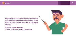 32
Bayangkan dirimu seorang product manager
yang membutuhkan untuk mendesain aliran
data dari suatu sistem pencatatan keuangan
warung.
Silahkan definisikan DFD
Level 0, Level 1 dan Level 2 sekaligus!
PM 101
Practice
 