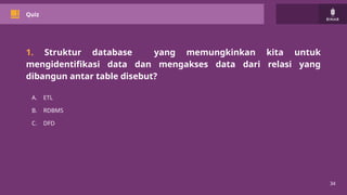 34
Quiz
1. Struktur database yang memungkinkan kita untuk
mengidentifikasi data dan mengakses data dari relasi yang
dibangun antar table disebut?
A. ETL
B. RDBMS
C. DFD
 