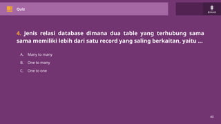 40
Quiz
4. Jenis relasi database dimana dua table yang terhubung sama
sama memiliki lebih dari satu record yang saling berkaitan, yaitu …
A. Many to many
B. One to many
C. One to one
 