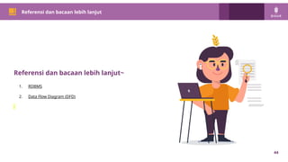 PM 101
44
Referensi dan bacaan lebih lanjut
Referensi dan bacaan lebih lanjut~
1. RDBMS
2. Data Flow Diagram (DFD)
 