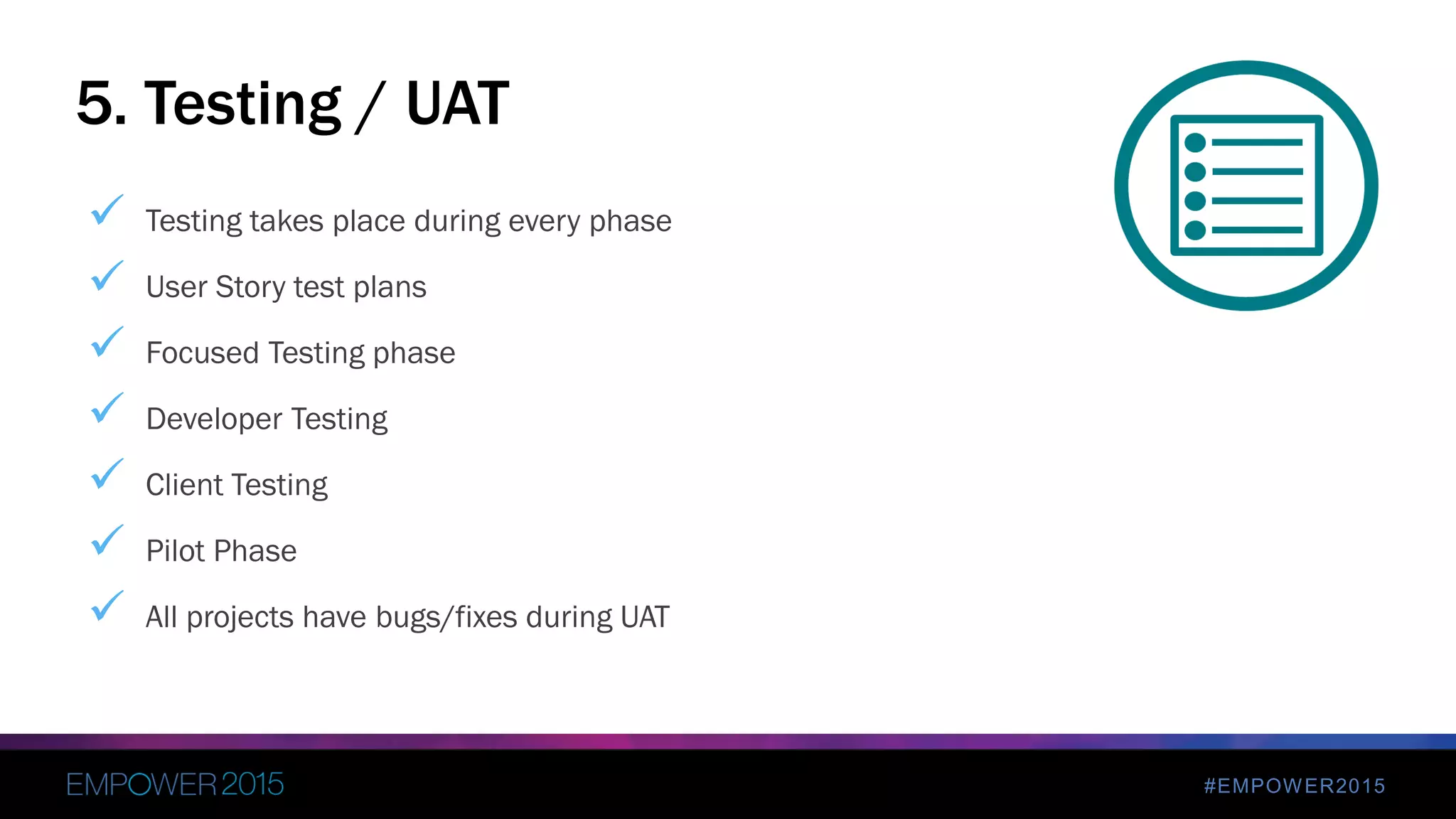 #EMPOWER2015
 Testing takes place during every phase
 User Story test plans
 Focused Testing phase
 Developer Testing
 Client Testing
 Pilot Phase
 All projects have bugs/fixes during UAT
5. Testing / UAT
 