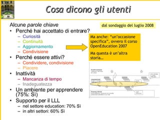 Cosa dicono gli utenti Alcune  parole chiave   Perché hai accettato di entrare? Curiosità Continuità Aggiornamento Condivisione Perché essere attivi? Condividere ,  condivisione Piacere Inattività Mancanza di tempo Inadeguatezza Un ambiente per apprendere  (75%: Sì) Supporto per il LLL  nel settore education: 70% Sì in altri settori: 60% Sì dal sondaggio del luglio 2008 Ma anche: “un’occasione specifica”, ovvero il corso OpenEducation 2007 Ma questa è un’altra storia… 
