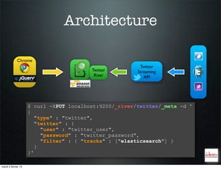 Architecture

             Chrome
                                                         Twitter
                                         Twitter        Streaming
                                          River            API




                     $ curl -XPUT localhost:9200/_river/twitter/_meta -d '
                     {
                        "type" : "twitter",
                        "twitter" : {
                          "user" : "twitter_user",
                          "password" : "twitter_password",
                          "filter" : { "tracks" : ["elasticsearch"] }
                        }
                     }'

mardi 5 février 13
 