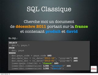 SQL Classique
                            Cherche moi un document
                     de décembre 2011 portant sur la france
                          et contenant produit et david
               En SQL :
                SELECT
                  doc.*, pays.*
                FROM
                  doc, pays
                WHERE
                  doc.pays_code = pays.code AND
                  doc.date_doc > to_date('2011-12', 'yyyy-mm') AND
                  doc.date_doc < to_date('2012-01', 'yyyy-mm') AND
                  lower(pays.libelle) = 'france' AND
                  lower(doc.commentaire) LIKE ‘%produit%' AND
                  lower(doc.commentaire) LIKE ‘%david%';

mardi 5 février 13
 