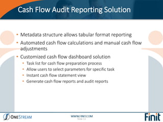 Cash Flow Audit Reporting Solution
Slide 11
• Metadata structure allows tabular format reporting
• Automated cash flow cal...