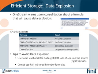 Efficient Storage: Data Explosion
Slide 24
• OneStream warns upon consolidation about a formula
that will cause data explo...