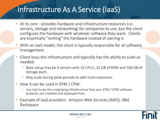 Infrastructure As A Service (IaaS)
Slide 13
• At its core - provides hardware and infrastructure resources (i.e.
servers, ...