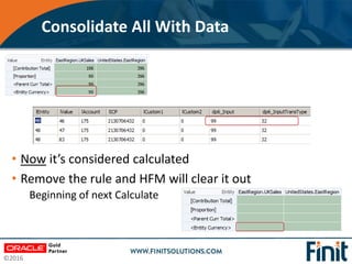 ©2016
Consolidate All With Data
• Now it’s considered calculated
• Remove the rule and HFM will clear it out
Beginning of ...